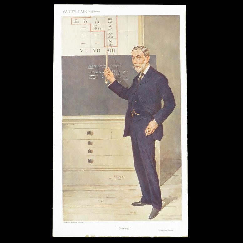 Print of man pointing to figures on blackboard