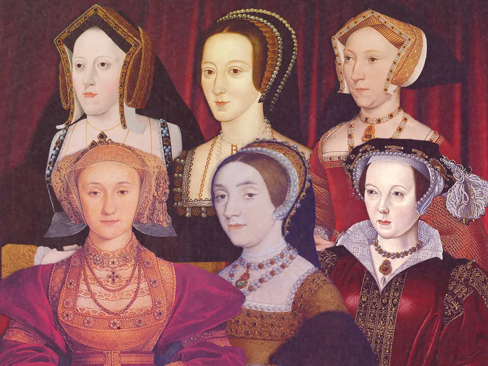 Illustration of Henry VIII's six wives in front of a red stage curtain