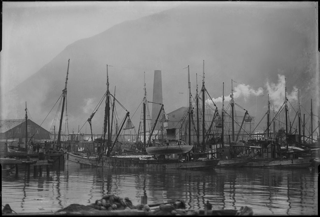 Boats in an archival photo of a herring town
