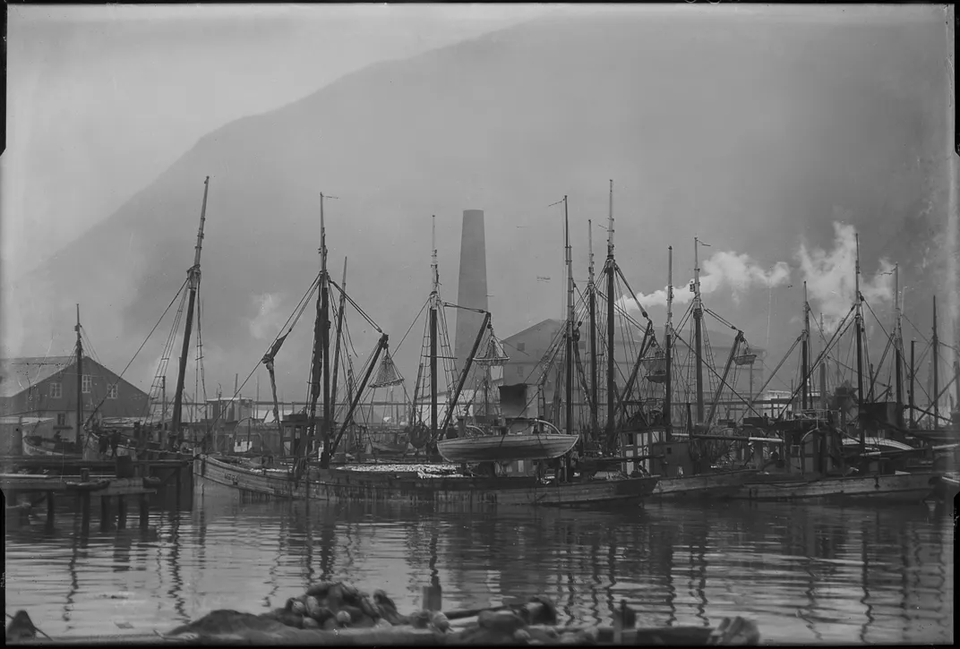 Boats in an archival photo of a herring town