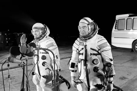 Ready to set a space endurance record, cosmonauts Yuri Romanenko (left) and Georgy Grechko prepare to board their Soyuz 26 rocket in 1977.