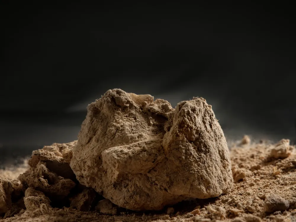 A close-up image of a brown lump that resembles a rock covered in dust