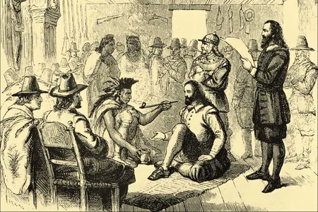 Chief Ousamequin shares a peace pipe with Plymouth Governor John Carver.