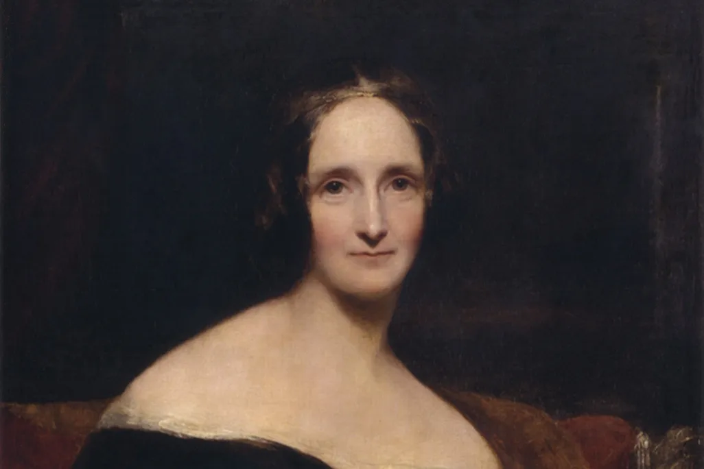 A moody portrait of Mary Shelley, a pale woman wearing a dark dress in front of a dark red and brown background