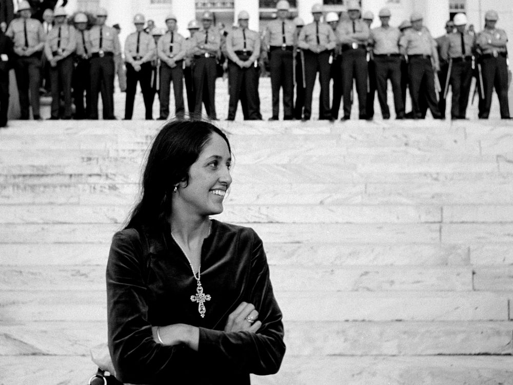 Joan Baez in front of Alabama State Capitol