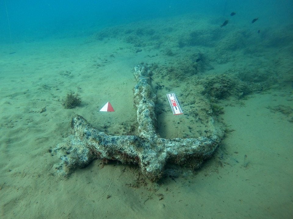 Underwater view of anchor on seafloor