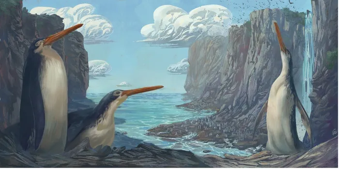 An artist's interpretation of what the tall, skinny penguins would look like when they roamed the earth among tall rocky cliffs along the ocean's coast
