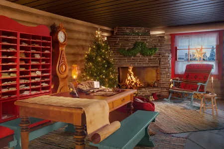The cabin features traditional Lapland decorations.