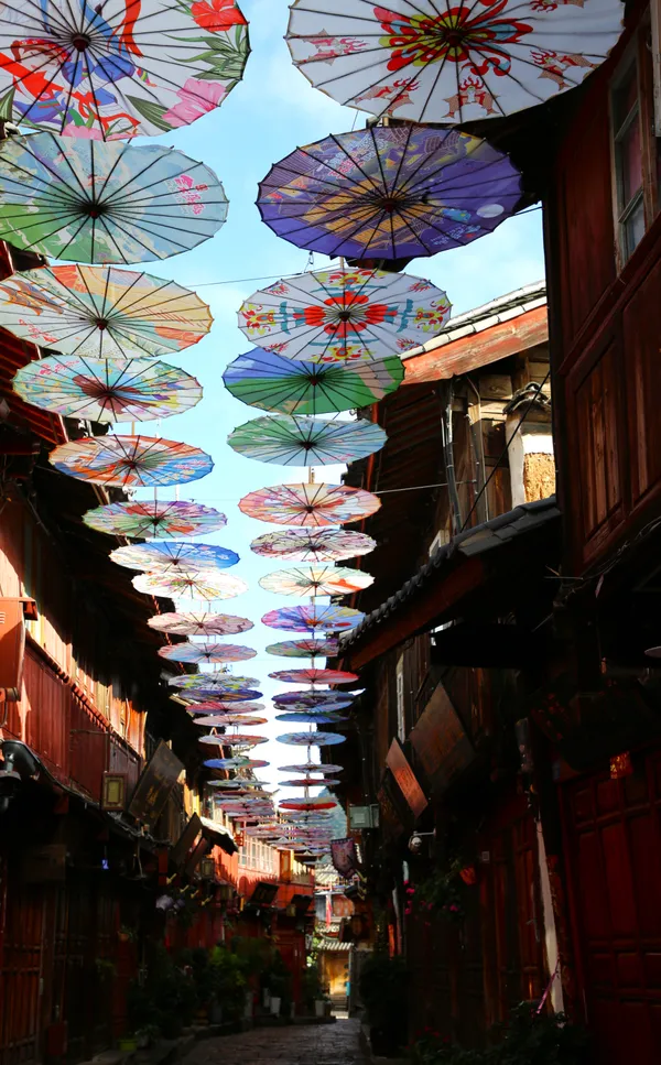 Umbrellas overhead in the alley thumbnail