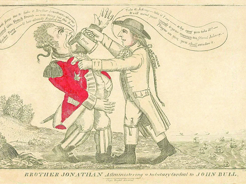 a sepia toned cartoon of two colonial era men fighting