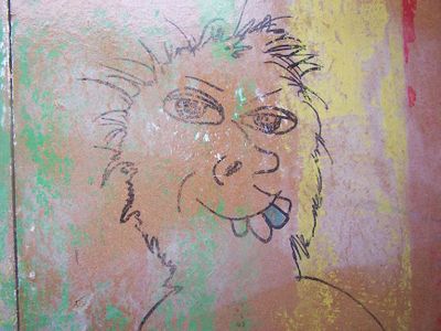 A self-portrait made by Johnny Rotten on the walls of the studio where the Sex Pistols recorded their first demos.