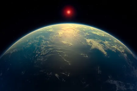 An artist&#39;s impression of&nbsp;K2-18b and its distant host star, visualized as if the planet had water and a hydrogen-rich atmosphere.