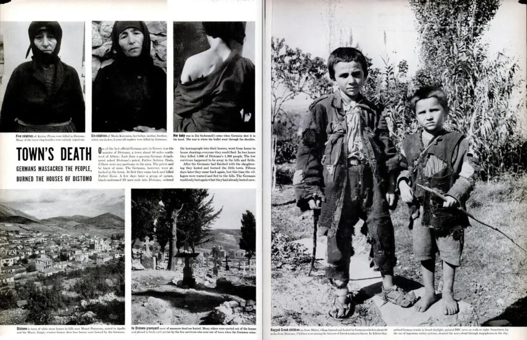 Pages from a November 1944 Life magazine article about the Distomo massacre