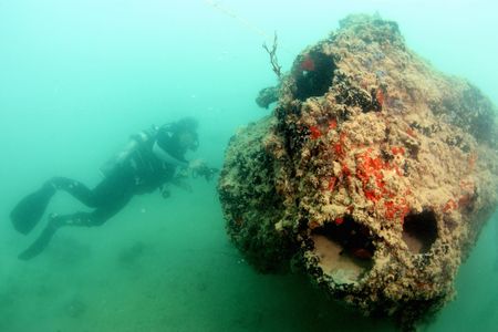 A diver inspects the plane's forward turret.