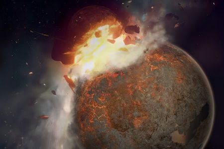 An artist&#39;s rendition of the collision between Earth and the protoplanet Theia, which, according to the prevailing theory, resulted in the moon&#39;s formation.