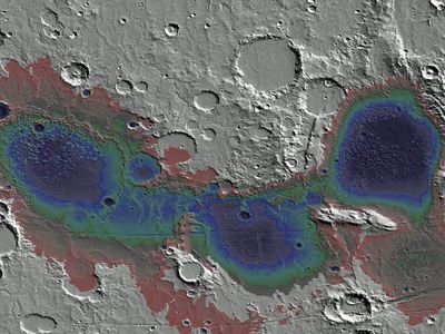 The Eridania Basin on Mars is about 3.7 billion years old. Seafloor deposits, which likely contain evidence of hydrothermal activity, are shown in color.