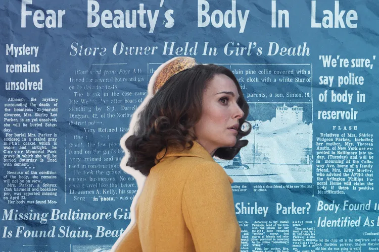 An illustration of Natalie Portman in front of newspaper headlines about the deaths of Esther Lebowitz and Shirley Parker