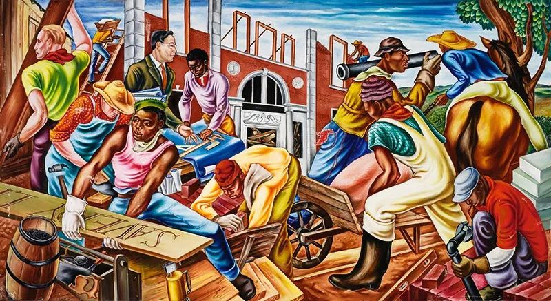A painting depicts a group of people constructing a building
