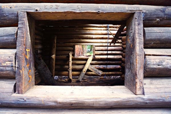 Window framing the interior of a log cabin in Sequoia National Park. thumbnail