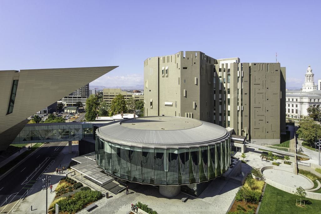 An aerial view of a large circular building