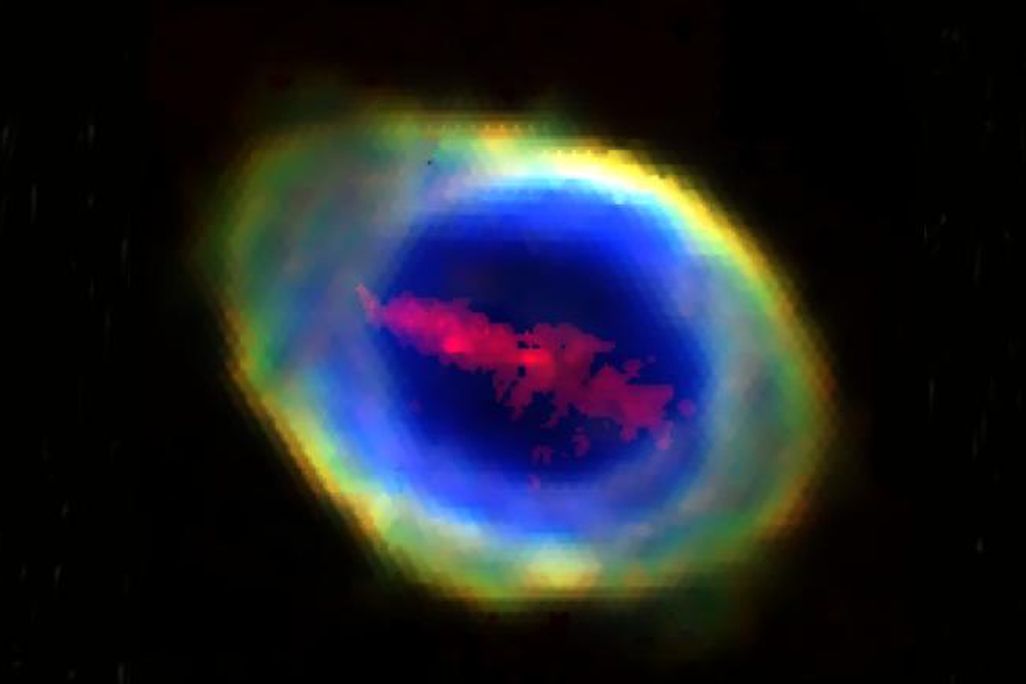 The Ring Nebula with the iron cloud inside its blue layer