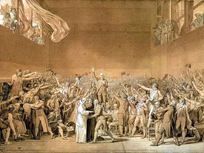 The Tennis Court Oath in June 1789 marked the unification of the French Estates-General, who came to call themselves the National Assembly. In the oath, they vowed not to separate until they established a constitution. 