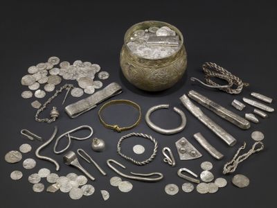 The Vale of York Hoard, a major trove of Viking artifacts discovered in 2007 in North Yorkshire. The hoard—likely buried around 920 A.D.—included 617 silver coins, a Frankish silver cup and Viking jewelry.