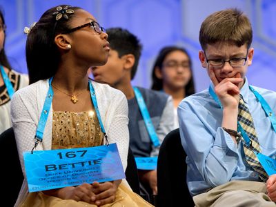 Bettie Closs and Owen Kovalik anxiously await their turn on stage at the 2016 national spelling bee.