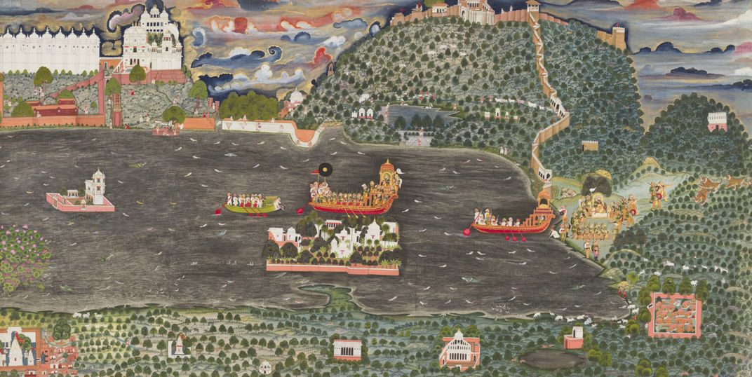 Colorful boats filled with people set sail on a lake surrounded by forested hills. In the distance, a magnificent white palace rises against swirling clouds.