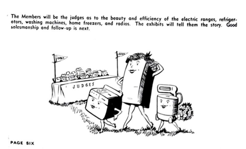 Cartoon with home appliances drawn to resemble beauty competition contestants, wearing lipsticks and heels, parading in field front of a group of seated judges