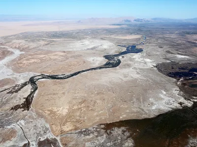 An aerial view of the lower portion of the Colorado River shows the leading edge of the water pulse flow on May 12, before it connected with the sea. 