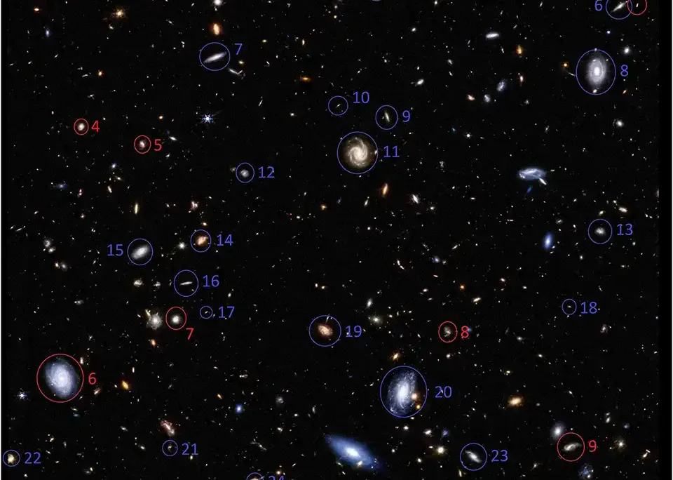 Spiral galaxies imaged by JWST that rotate in the same direction relative to the Milky Way (red) and in the opposite direction relative to the Milky Way (blue). The number of galaxies rotating in the opposite direction relative to the Milky Way as observe