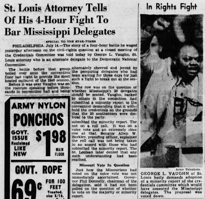 A July 14, 1948, newspaper article about Vaughn's fight to remove the segregationist Mississippi delegation