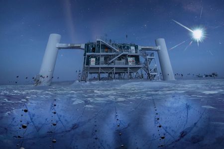The IceCube Neutrino Observatory at the South Pole sits atop under-ice detectors (artist impression) that catch the blue glow created by a cosmic neutrino.