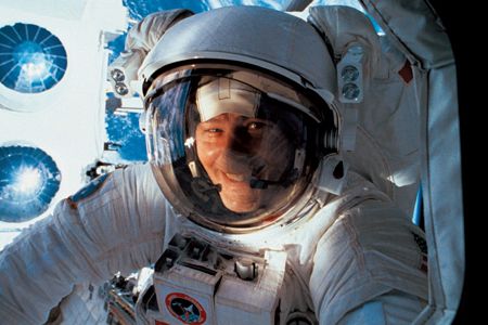 Jerry Ross during an unplanned spacewalk to fix the balky Compton Gamma Ray Observatory on his third mission in 1991.