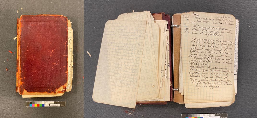 Left: small commercial binder with degraded leather and showing signs of damage to pages and ephemeral materials within. Right: an open view of a diary arranged to show loose grid-lined diary pages and folded ephemeral pieces including a map and a type-wr