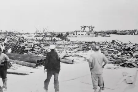 A scene of the wreckage left behind by a hurricane that swept through the Florida Keys in 1935.