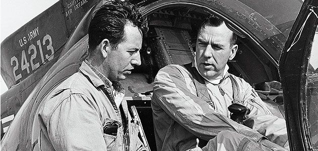 Crew chief Dick Lofland, left, with pilot Bob Ferry before the record-setting flight.