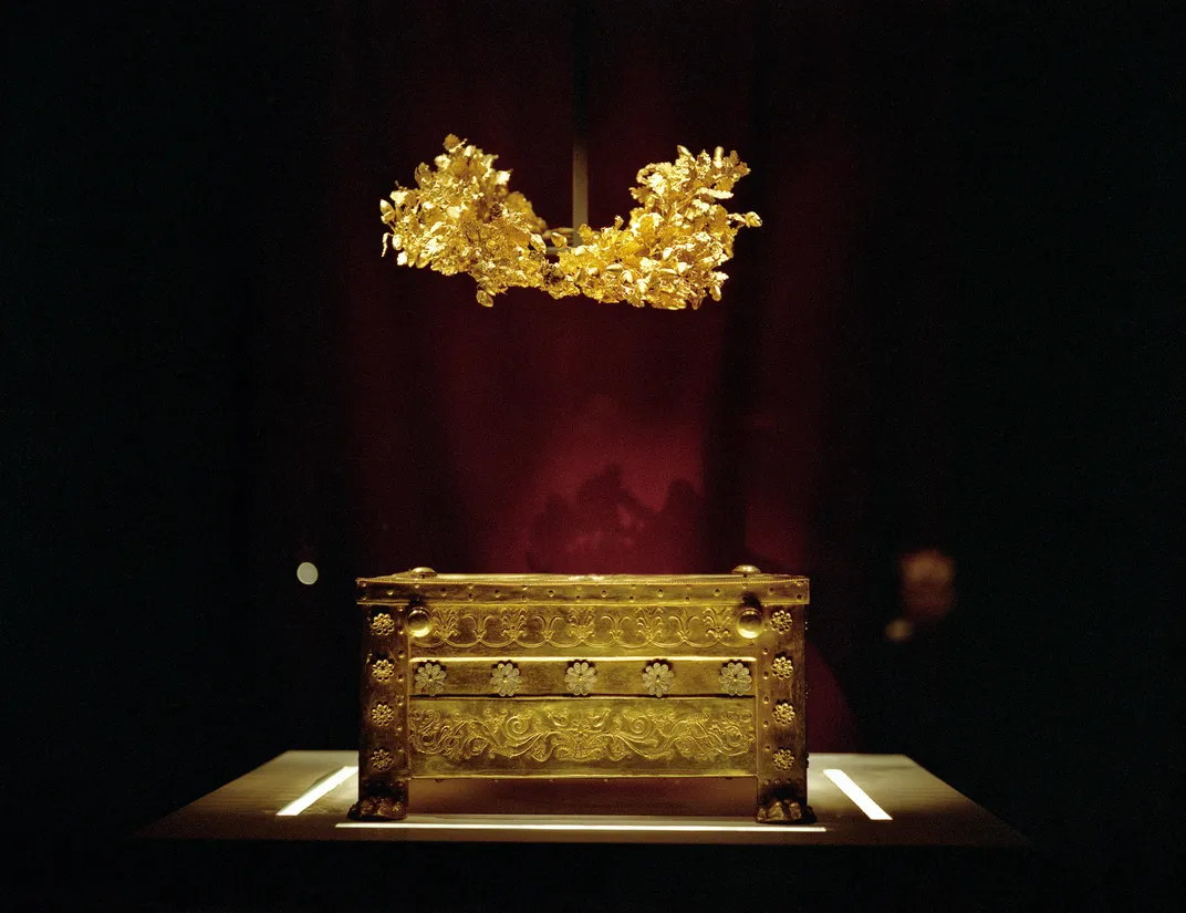 Treasures in Philip’s tomb:  a golden larnax that held his ashes and his wreath, partially melted in the pyre.