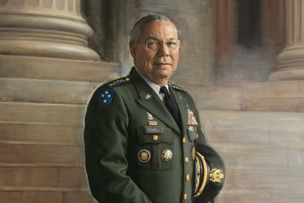 A close up of a painted portrait of Powell, a Black man with gray hair, glasses in green military garb