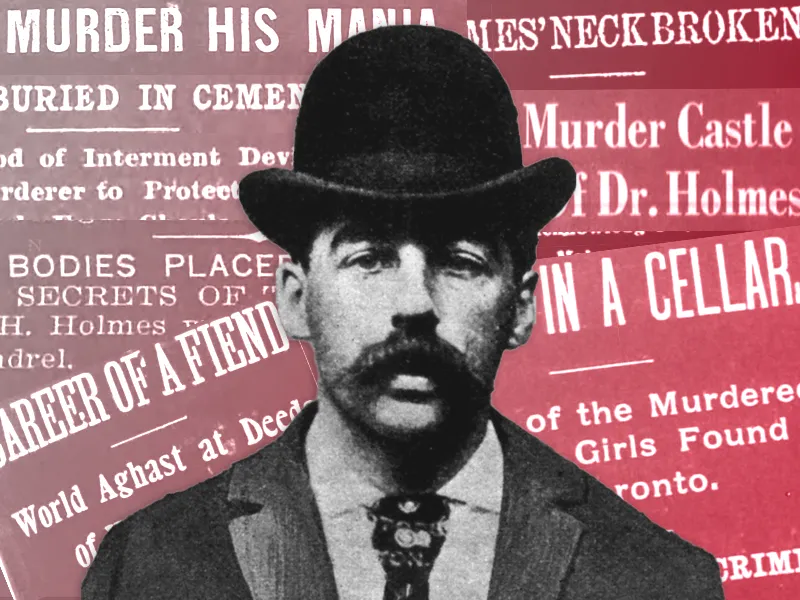 Illustration of H.H. Holmes in front of newspaper headlines