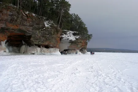 Viewed from Lake Superior, ice caves on Apostle Islands.
