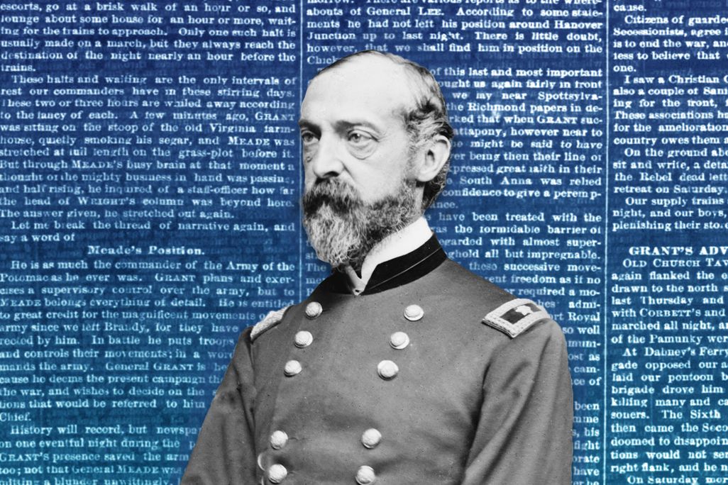 Illustration of George G. Meade in front of a newspaper article critical of his actions