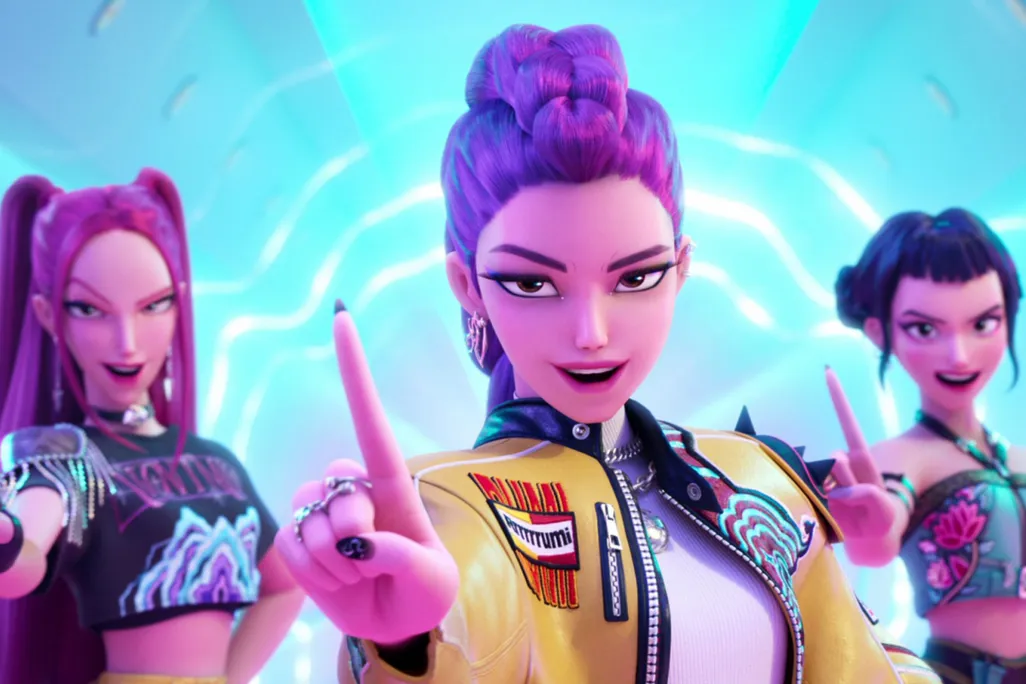 OPENER - This image released by Netflix shows characters, from left, Mira, Rumi, Zoey in a scene from “KPop Demon Hunters.”
