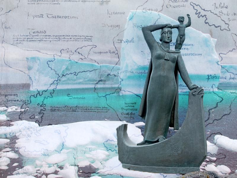 Illustration featuring a statue of Gudrid and her son in front of icebergs and a map of Vinland