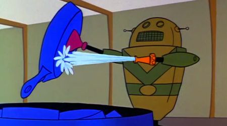 A military robot washes dishes in “The Jetsons” (1963)