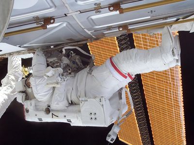 Tom Jones on a spacewalk during the STS-98 mission in February 2001.