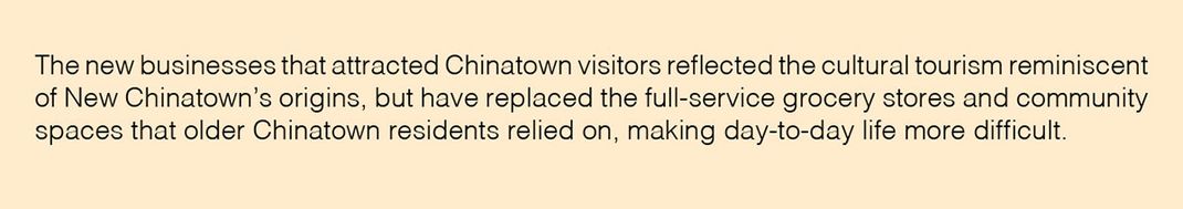 Text: The new businesses that attracted Chinatown visitors reflected the cultural tourism reminiscent of New Chinatown’s origins, but have replaced the full-service grocery stores and community spaces that older Chinatown residents relied on.