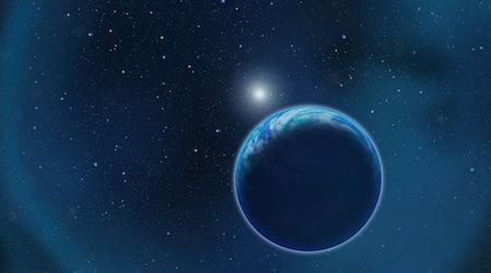 A habitable planet orbits a white dwarf. Here the ghostly blue ring is a planetary nebula—hydrogen gas the star ejected as it evolved from a red giant to a white dwarf.