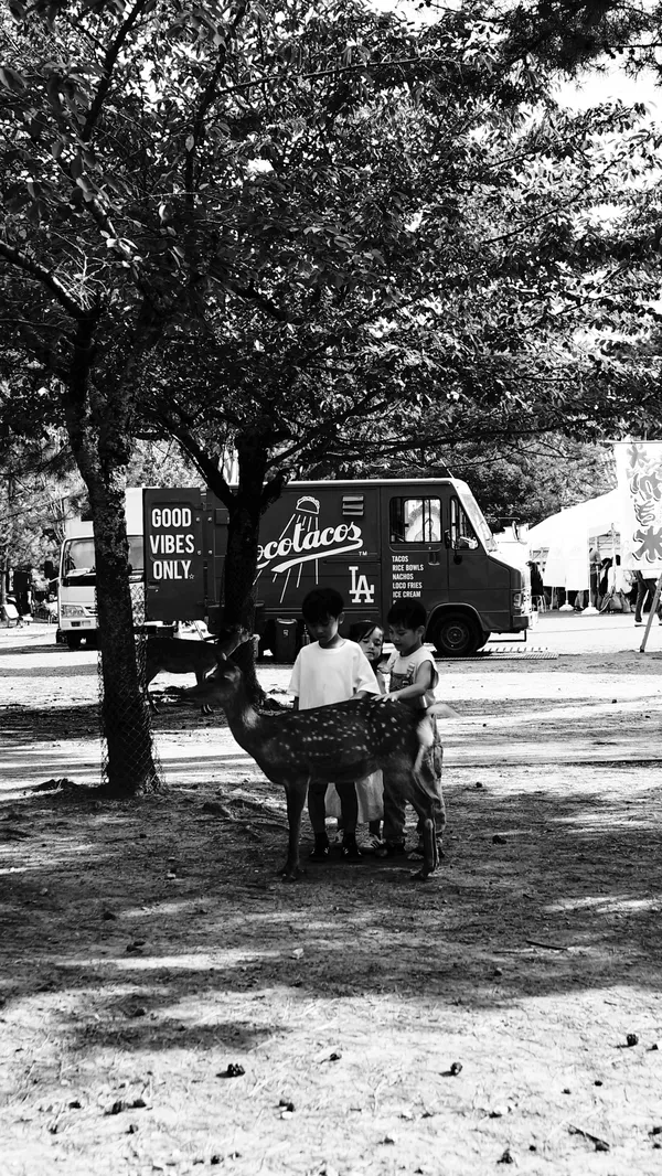 Three kids petting a deer in Nara. thumbnail